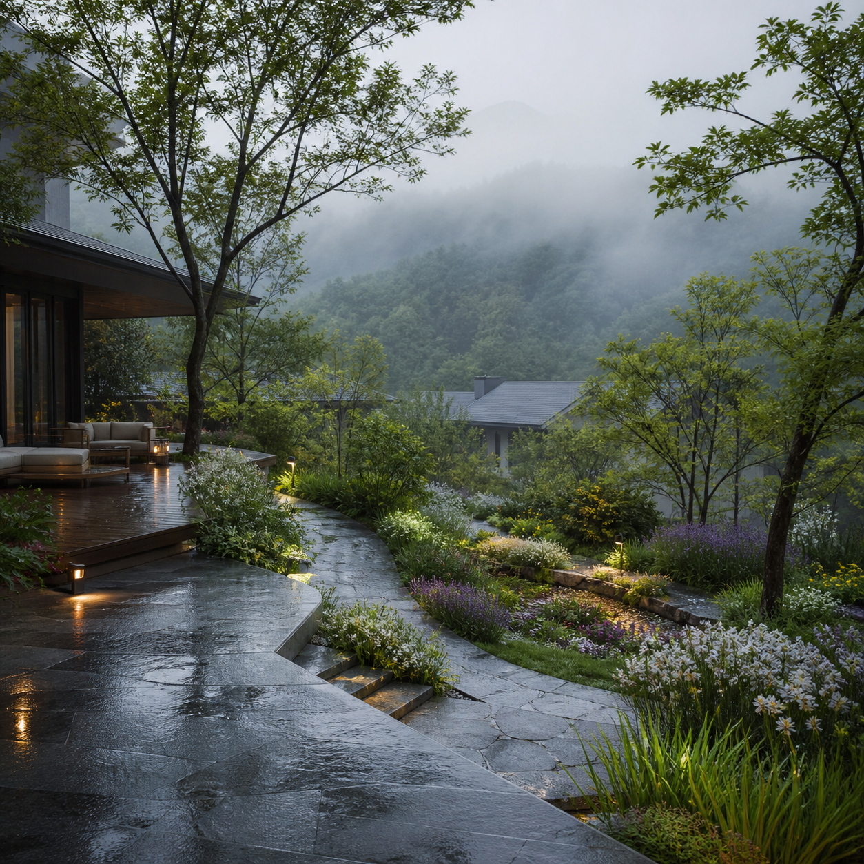 雨后山间四季庭院实景